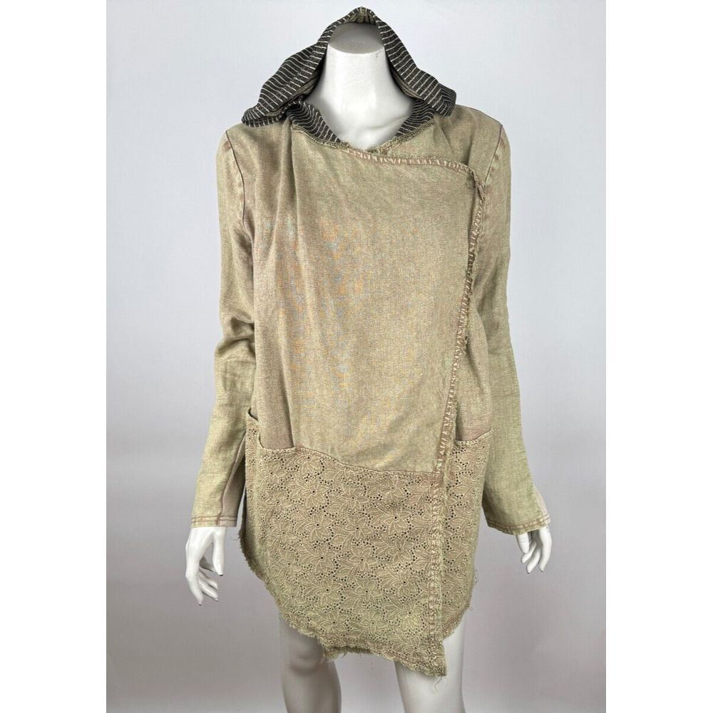BKE Gimmicks Lagenlook‎ Linen Wrap Jacket Women L Green Lace Long Sleeve Hoodie